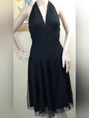 VINTAGE Necessary Objects Black Halter Dress, Swiss Dot Mesh Overlay, Ploka-Dot